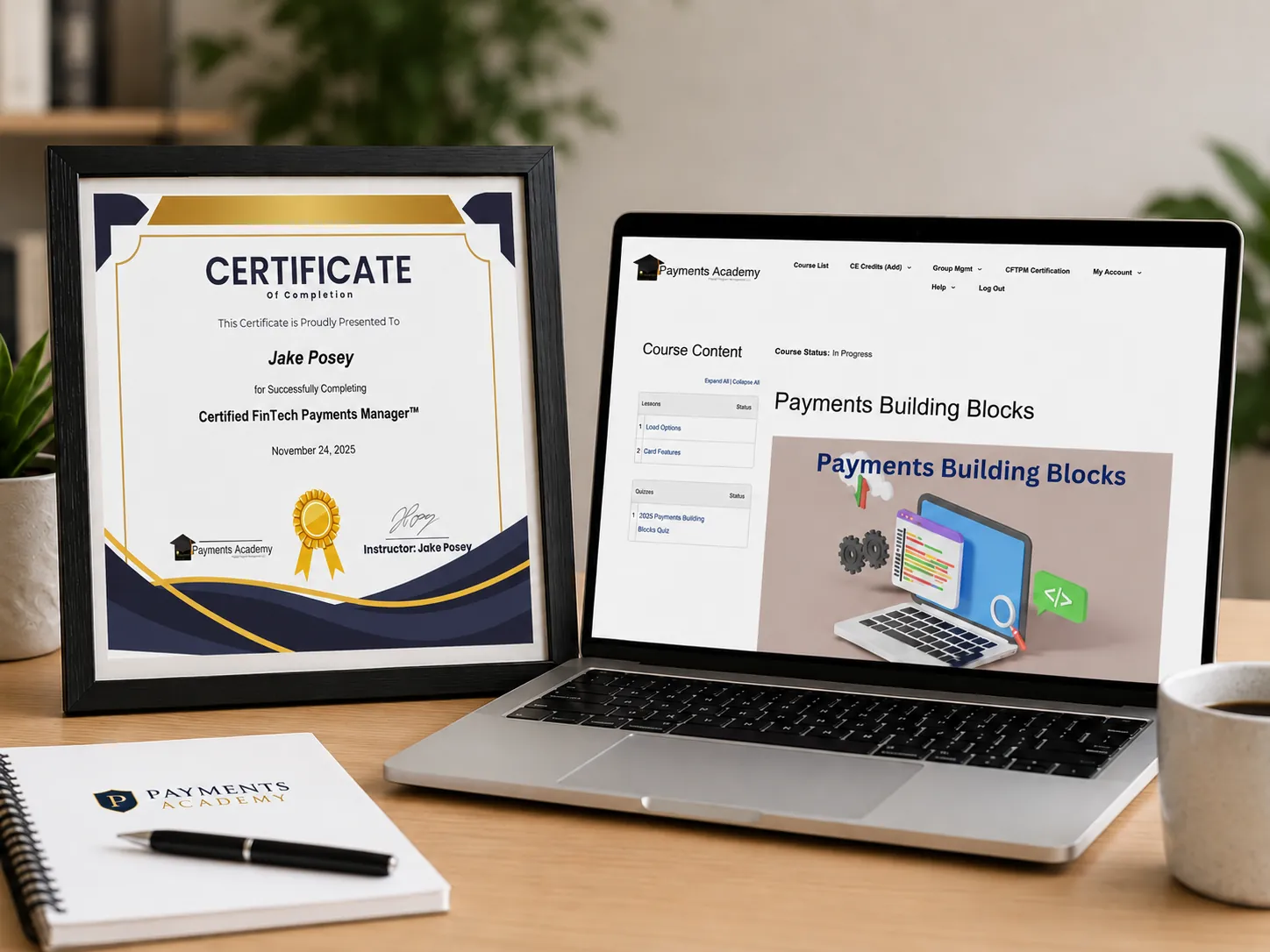 Image of Certified FinTech Payments Manager certificate and laptop of user taking the course.