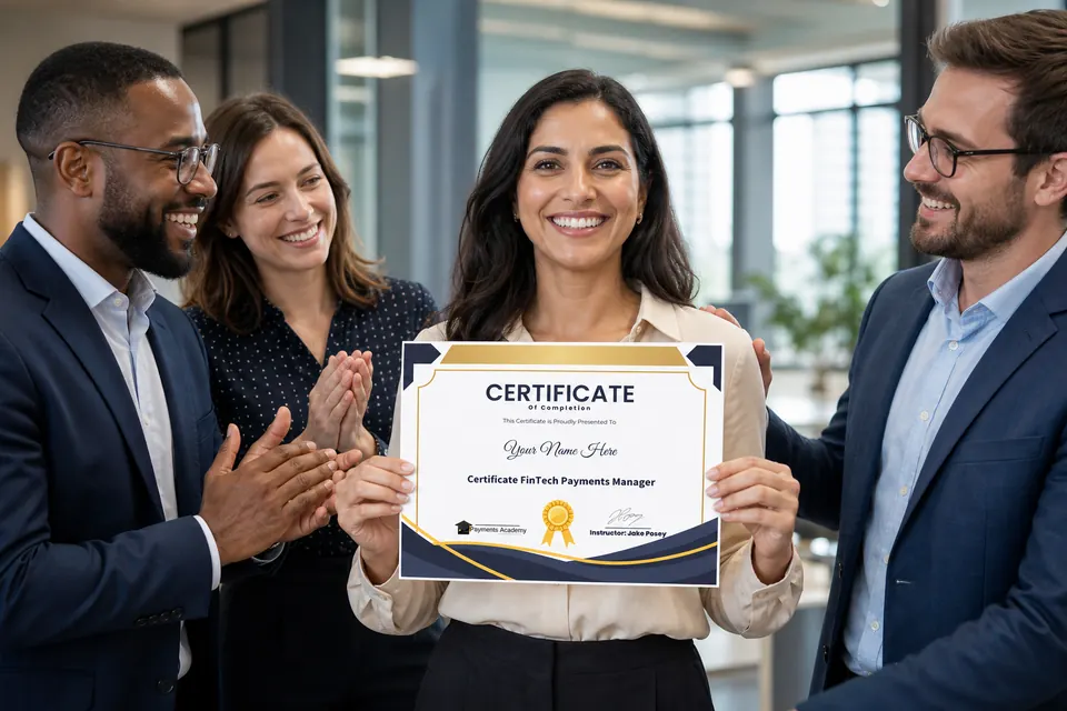 Payments professional holding her FinTech Payments Manager certificate while colleagues congratulate her